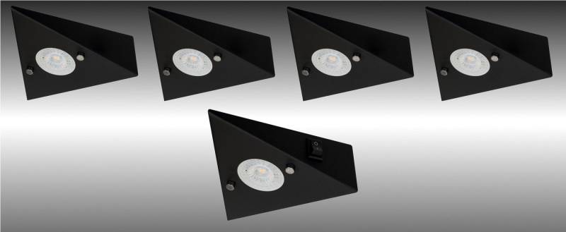 TRANGO LED Unterbauleuchte, 5er Set 6740-55 LED-Küchenunterbauleuchte aus Edelstahl in Matt-Schwarz *COOK* LED Einbauleuchte - Einbaustrahler inkl. 5x 4,8 Watt LED Modul 3000K warmweiß - direkt 230 Volt - beliebig erweiterbar, Schalter - Dreieckleuchte – Schrankleuchte von TRANGO