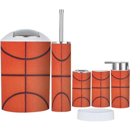 Badezimmer Zubehör Set 6 Stück Boho Basketball Mülleimer Zahnbürstenhalter Seifenspender Seifenschale Zahnputzbecher Toilettenbürstenhalter von TRANQDEHOM