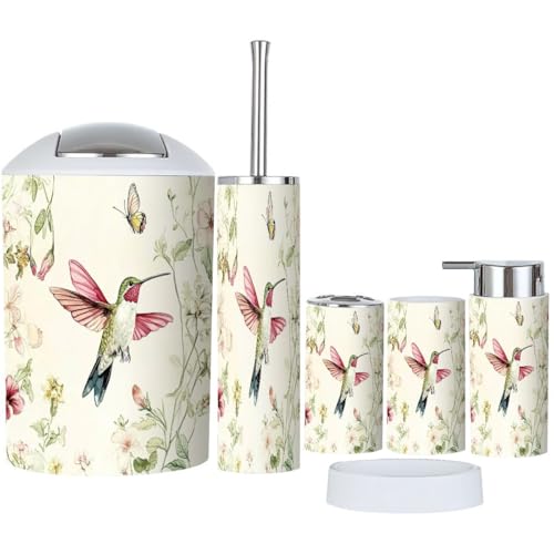 Badezimmer Zubehör Set 6 Stück Boho Floral Vintage Vogel Blumen Schmetterling Kolibri Schmetterlinge Mülleimer Zahnbürstenhalter Seifenspender Seifenschale Zahnbürstenbecher Toilettenbürstenhalter von TRANQDEHOM