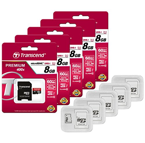 Transcend Premium 8 GB MicroSDHC 60 MB/s 400X Speicherkarte UHS-I Klasse 10 Micro SD SDHC mit Adapter TS8GUSDU1 Großhandel Lot + (5 Hüllen) von TRANSCEND