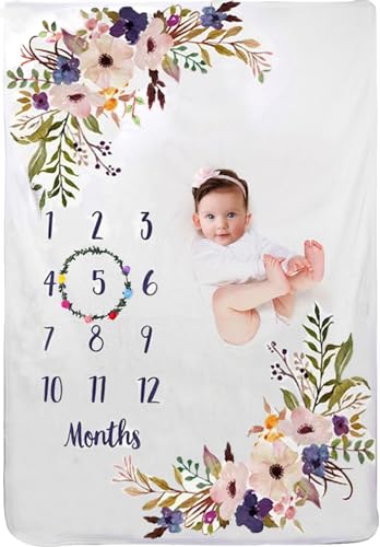 TRASUN Baby Meilenstein Decke Monats Decke,Neugeborene Junge oder Mädchen Monatliche als Foto Hintergrund mit Meilenstein, Babydecke mit Blumenmuster, Mit Kranz,130x100cm von TRASUN