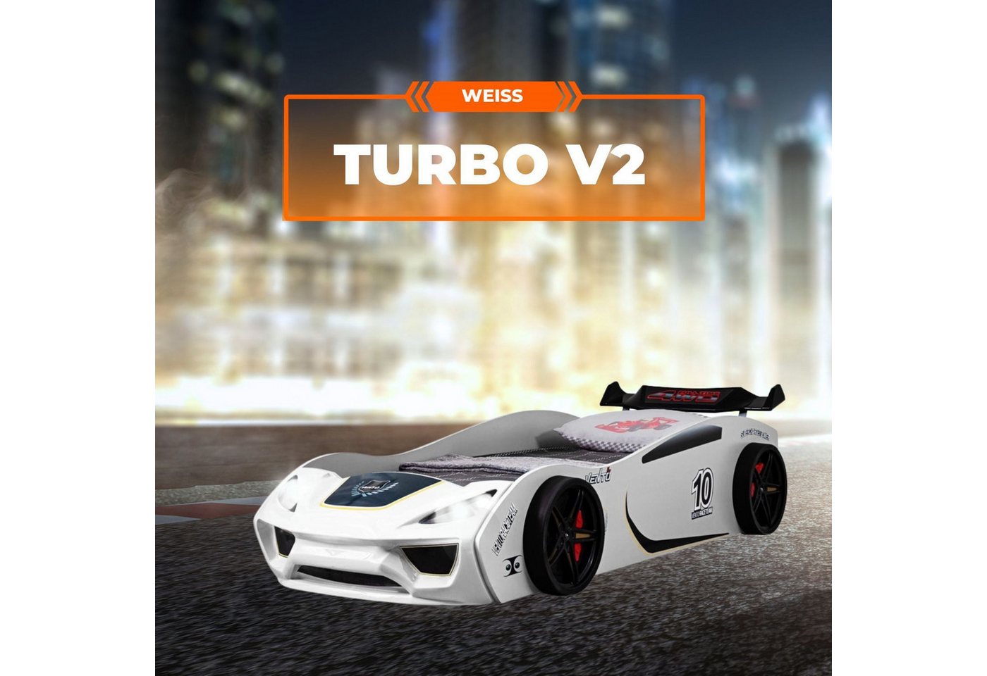 TRAUMMÖBEL Autobett TURBO V2 (Komplett-Set Bett und Lattenrost), Weiß Kinderbett 90x200 cm Rennwagenbett Spielbett LED-Beleuchtung von TRAUMMÖBEL