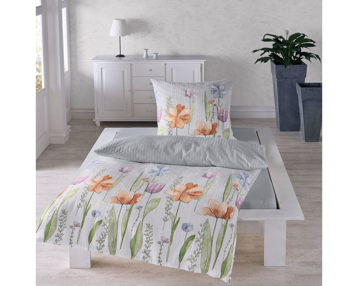 Bettwäsche Aquarell Blumen, TRAUMSCHLAF, Seersucker, 3 teilig, florale bügelfreie Sommerbettwäsche von TRAUMSCHLAF