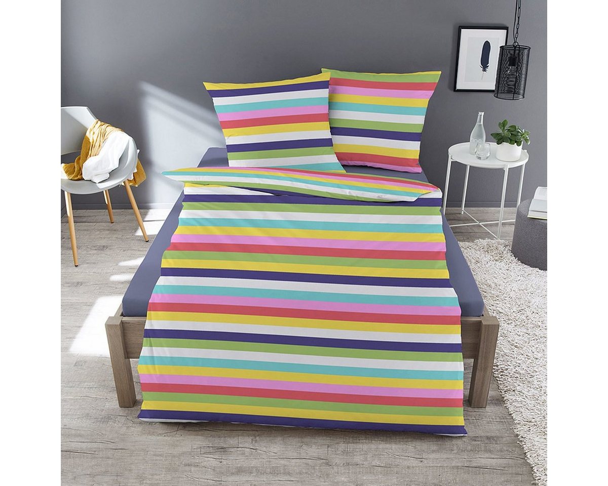 Bettwäsche Rainbow, TRAUMSCHLAF, Biber, 2 teilig, buntes Streifendesign für den Winter von TRAUMSCHLAF