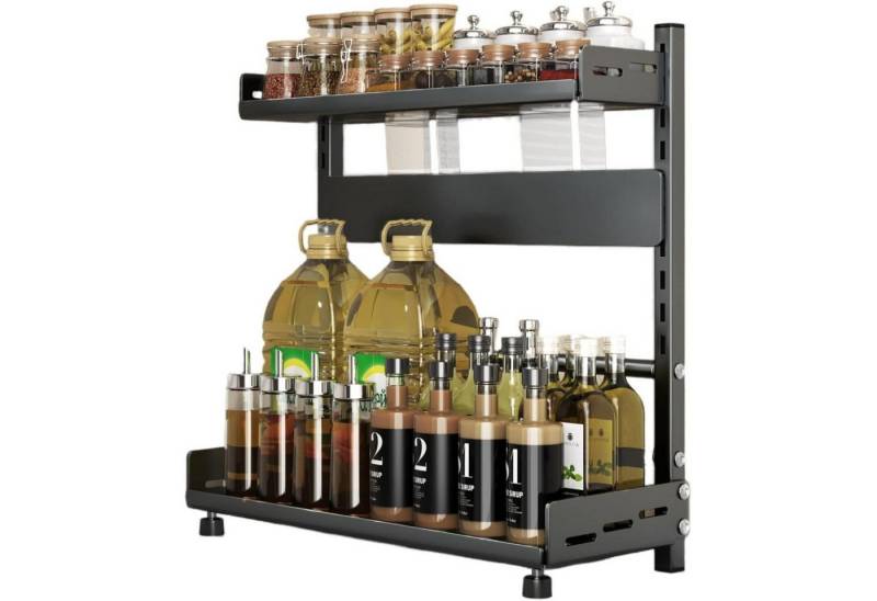 TRAYINDALY Gewürzregal 2 Ebenen Gewürzregal Schwarz Metall Stehend Organizer mit Messerhalter von TRAYINDALY
