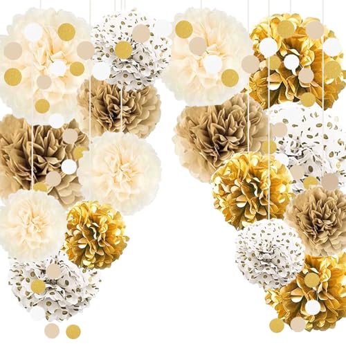 TREABEAR 18PCS Deko Boho Style Outdoor, Seidenpapier Pompons Deko Beige, Frühlingsdeko Papier Pompons Seidenpapier Weiß, Gold Deko Kommunion Tischdeko, Luftschlangen Gold von TREABEAR