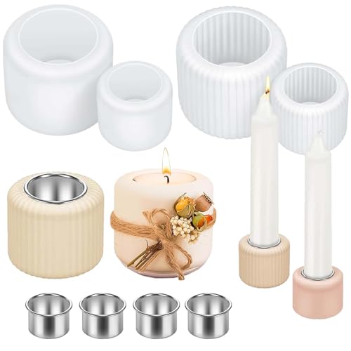 TREABEAR 4PCS Silikonformen Gießformen Kerzenhalter mit 4 Kerzenhaltern Aus Metall, Silikonform Teelicht, Silikonform Teelichthalter, Gießform Kerzenhalter Zum Gießen Von Zylindrischen Kerzenhalter von TREABEAR