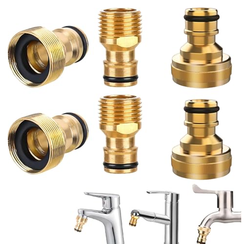 TREABEAR 6PCS Universal-Wasserhahnanschluss in Messing, 1/2 und 3/4 2 in 1wasserhahn Adapter, Schlauchadapter 1/2 Zoll Universal Adapter, Wasserhahn Schlauch Adapter für Gartenschlauch Anschluss von TREABEAR