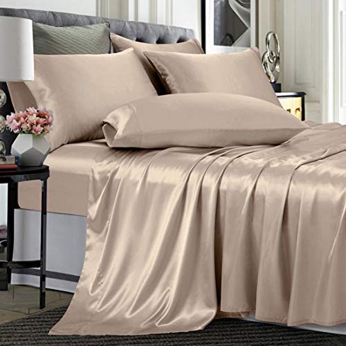 TREELY 4-teiliges Satin-Bettwäsche-Set für Doppelbetten – seidig glattes Taupe mit tiefer Tasche, Spannbetttuch, Bettlaken und 2 Kissenbezüge TREELY 4-teiliges Satin-Bettwäsche-Set für Doppelbetten – seidig glattes Taupe mit tiefer Tasche, Spannbetttuch, Bettlaken und 2 Kissenbezüge von TREELY