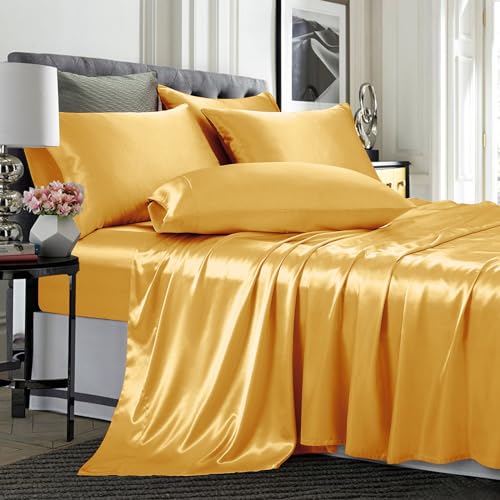 TREELY 6-teiliges King-Satin-Bettwäsche-Set mit Tasche, Spannbetttuch, Bettlaken und 4 Kissenbezügen, seidig-goldfarben TREELY 6-teiliges King-Satin-Bettwäsche-Set mit Tasche, Spannbetttuch, Bettlaken und 4 Kissenbezügen, seidig-goldfarben von TREELY