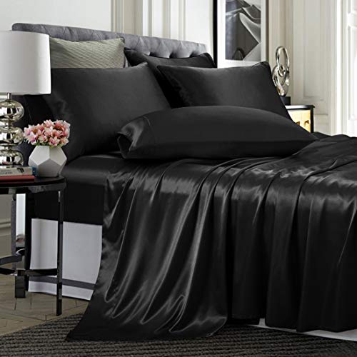 TREELY 6-teiliges Satin-Bettlaken-Set für King-Size-Betten, seidig glatt, schwarz, Satin, mit tiefer Tasche, Satin-Spannbetttuch, Bettlaken, 4 Satin-Kissenbezüge von TREELY