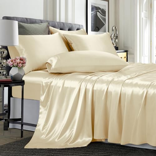 TREELY 6-teiliges Satin-Bettwäsche-Set für King-Size-Betten – seidig glattes beigefarbenes Satin-Spannbetttuch, Bettlaken, 4 Kissenbezüge TREELY 6-teiliges Satin-Bettwäsche-Set für King-Size-Betten – seidig glattes beigefarbenes Satin-Spannbetttuch, Bettlaken, 4 Kissenbezüge von TREELY