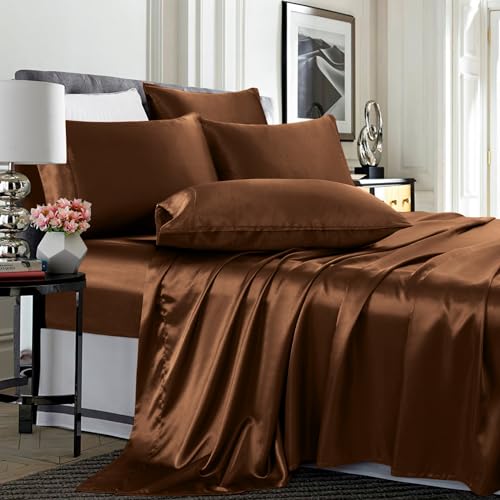 TREELY Satin-Bettwäsche-Set, Kingsize, Braun, 6-teilig, tiefe Taschen, atmungsaktiv TREELY Satin-Bettwäsche-Set, Kingsize, Braun, 6-teilig, tiefe Taschen, atmungsaktiv von TREELY