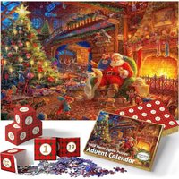 1008 Teile Puzzle Weihnachtsmann, Weihnachtspuzzle am knisternden Feuer sitzend und sein Weihnachtself, 70 x 50 cm, bunt, Weihnachtspuzzle für von TREETALK