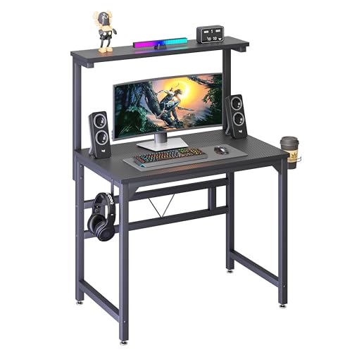 TREETALK Gaming Tisch, 80CM Computertisch mit Höhenverstellbarem Monitorständer in 5 Positionen (84,5–120 cm), PC Laptop Schreibtisch mit Becherhalter und Kopfhörerhaken für Büro Wohnzimmer von TREETALK