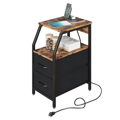 harging Station, Narrow End Table with Oblique Angled Storage Shelf, 2 PCS Fabric Drawer,Nightstand Beside Table for Living Room Bedroom Rustic Brown von TREETALK