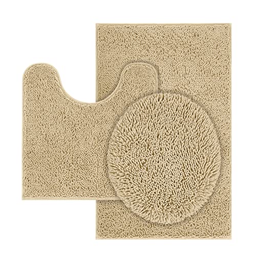 TREETONE Chenille-Badematten-Set, 3-teilig, WC-Vorleger-Set, 50,8 x cm, U-förmiger WC-Vorleger & 81,3 Teppich 1 Deckelbezug, weich, wasserabsorbierend, Plüsch-Teppiche für Badewanne, Dusche Bad, beige von TREETONE