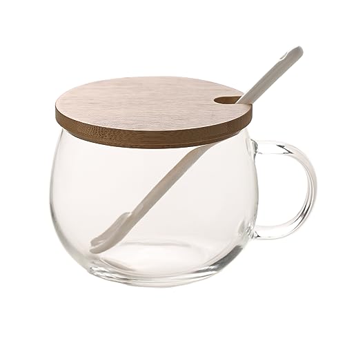 GUTEN MORGEN! Klarer Becher für Kaffee, Dessert, Milch, Tee, Joghurt. Runder Glasbecher mit Handgriff-Trinkgeschirr und Bambusdeckel sowie Tulpen-Keramiklöffel Clear Glass Cup von TREEWOO