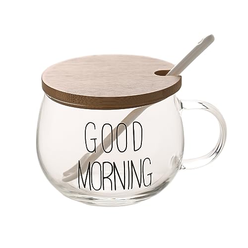 GUTEN MORGEN Klarer Buchstabenbecher für Kaffee, Dessert, Milch, Tee, Joghurt Runder Glasbecher mit Handgriff Trinkgefäß mit Bambusdeckel Tulpenkeramiklöffel Morning Cup von TREEWOO