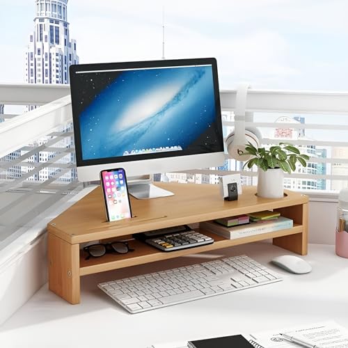 TREGOO Monitorständer Massivholz-Riser-Werkzeug für Eckmonitore, Schreibtisch-Dreiecksregal-Organisatoren, Höhe 10 cm, Computertastatur-Displayständer mit Telefonfächern (Color : Light Brown) von TREGOO