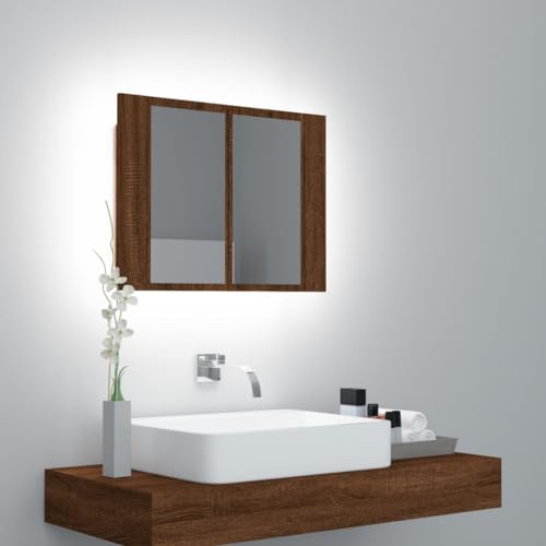 TREISL Spiegelschrank für Badezimmer Haus mit LED Eiche Braun 60 x 12 x 45 cm Mehrschichtiges Holz Eleganter Spiegelschrank mit 2 Fächern Feuchtigkeitsbeständigkeit von TREISL