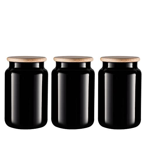 TREND FOR HOME Vorratsgläser 900 ml Set von 3 Vorratsdosen Schwarz Glas Glasbehälter mit Deckel aus Holz Behälter für das Badezimmer Aufbewahrungs Gläser Tupferbehälter | H: 15 cm | ⌀ 10 cm | Carissa von TREND FOR HOME