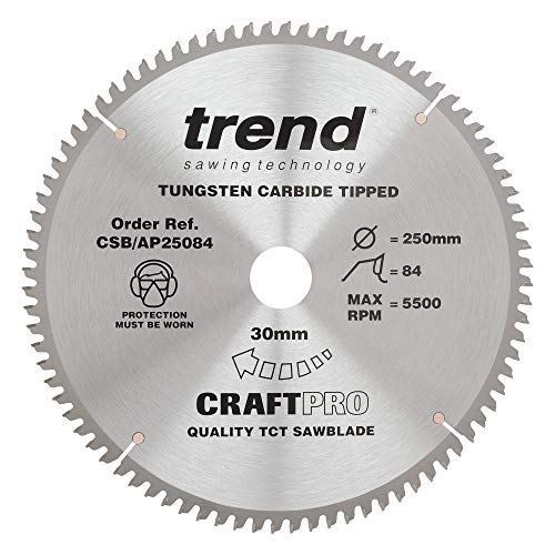 Trend CraftPro Arbeitsplatte Aluminium und Kunststoff TCT Kreissägeblatt, 250mm Durchmesser x 84 Zähne x 30mm Bohrung, Hartmetallbestückt, CSB/AP25084 von TREND