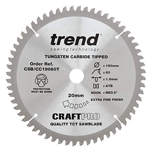 Trend CraftPro Negative Hook Crosscutting TCT Sägeblatt, 190mm Durchmesser x 60 Zähne x 20mm Bohrung, Hartmetallbestückt, CSB/CC19060T von TREND