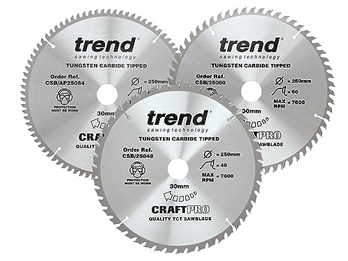 Trend CraftPro Dreierpack TCT-Kreissägeblätter, 250mm Durchmesser x 48, 60 und 84 Zähne x 30mm Bohrung, Hartmetallbestückt, CSB/250/3PK, 3er-Pack von TREND