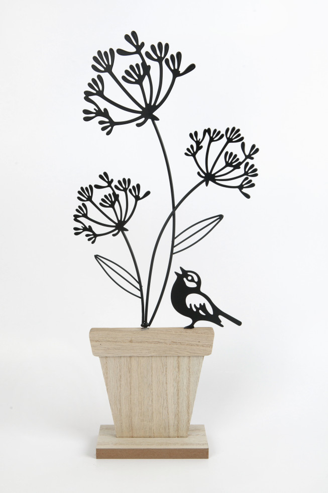 TrendLine Aufsteller Holz Blumen mit Vogel 45 x 6 x 21 cm weiß-schwarz von TRENDLINE