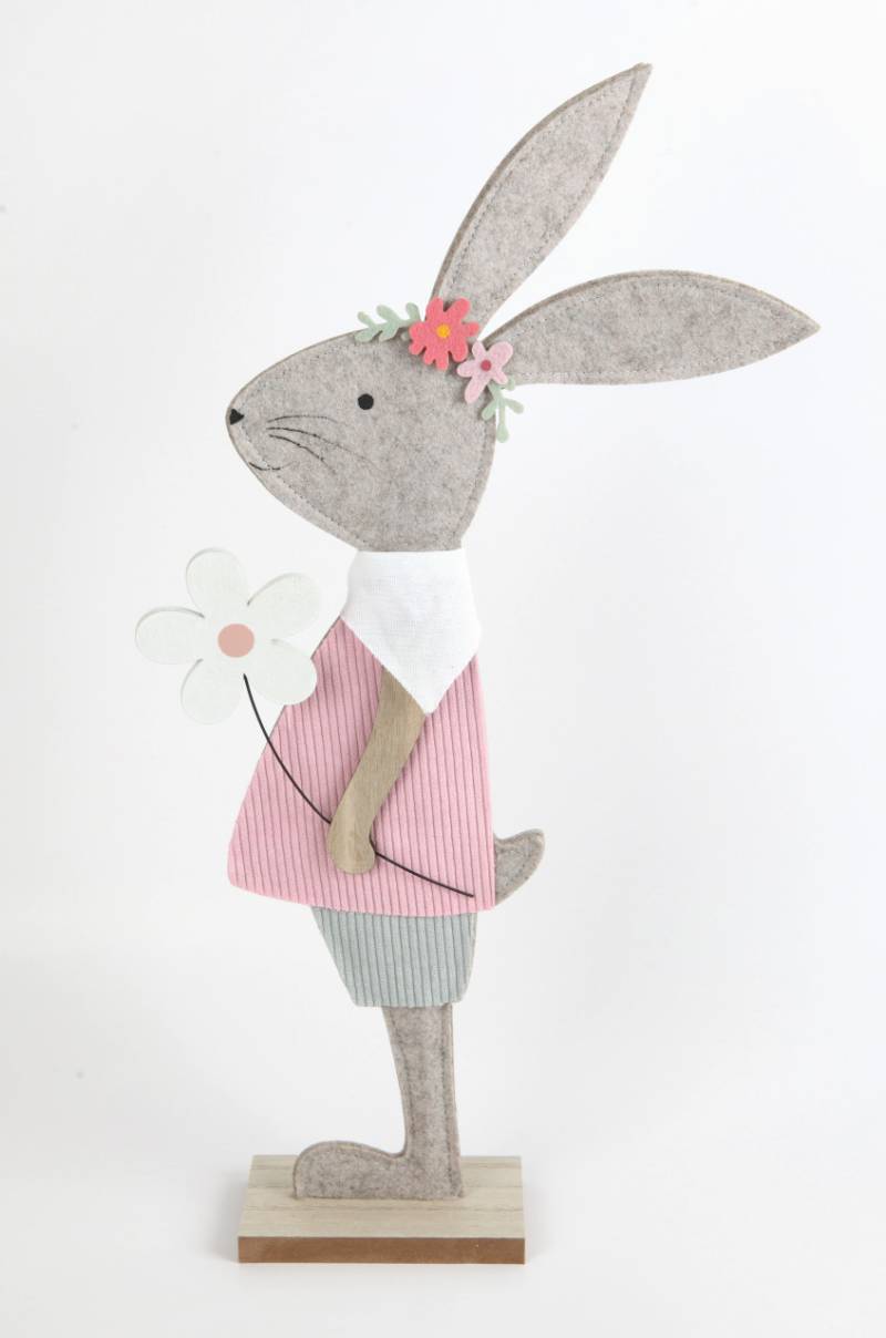TrendLine Aufsteller Holz Hase mit Blume 49 x 7 x 25 cm grau-pink von TRENDLINE