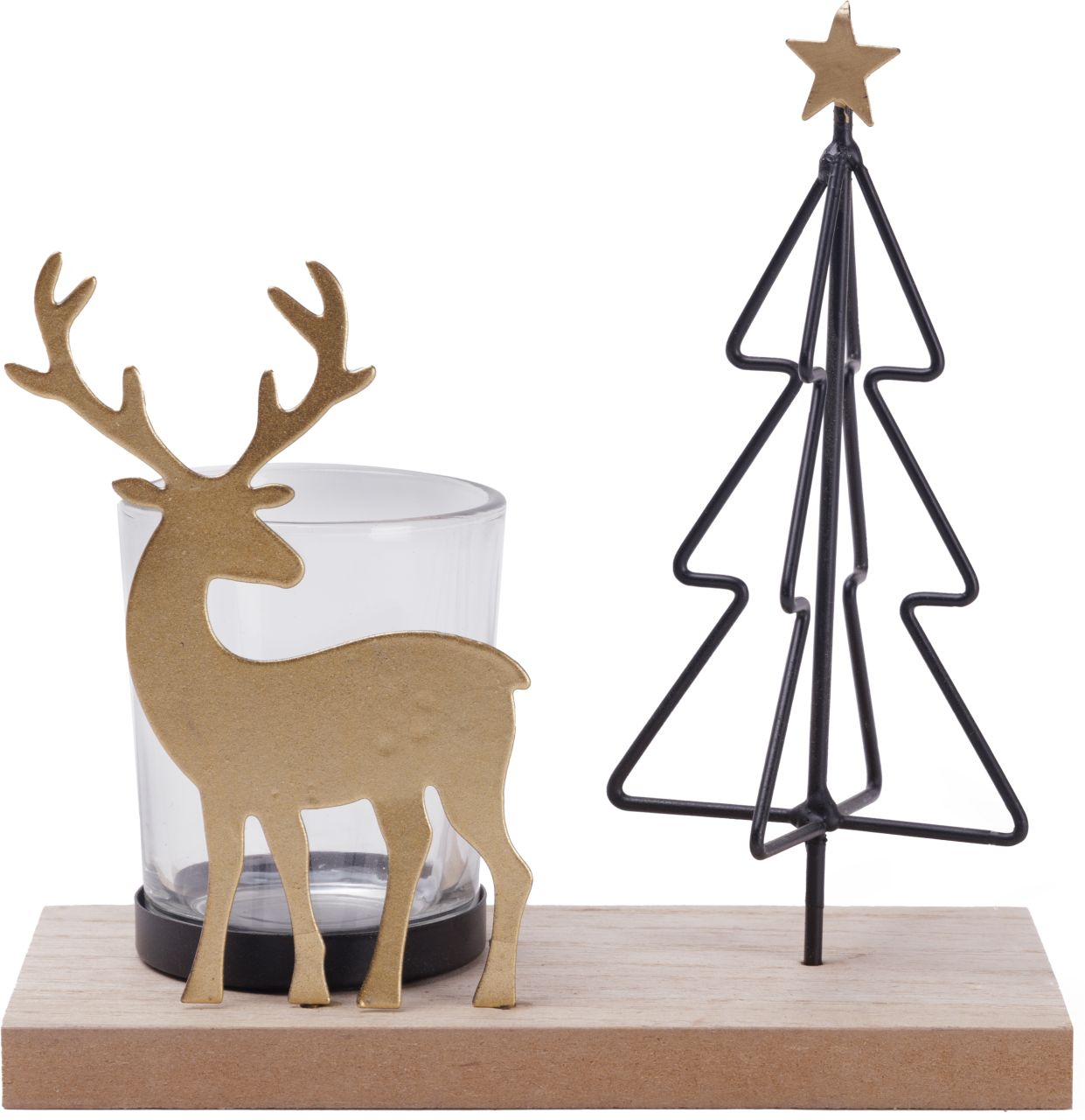 TrendLine Teelichthalter Holz-Metall mit Hirsch und Tannenbaum 15 x 15 cm natur-schwarz von TRENDLINE