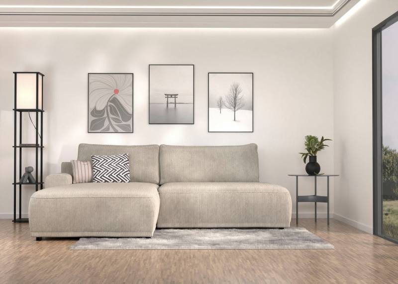 TRENDMANUFAKTUR Ecksofa Fordon II, Schlafsofa mit Bettkasten, Couch in L-Form, Breite 250 cm, in Cordstoff HYPER, cream, Armlehne links von TRENDMANUFAKTUR