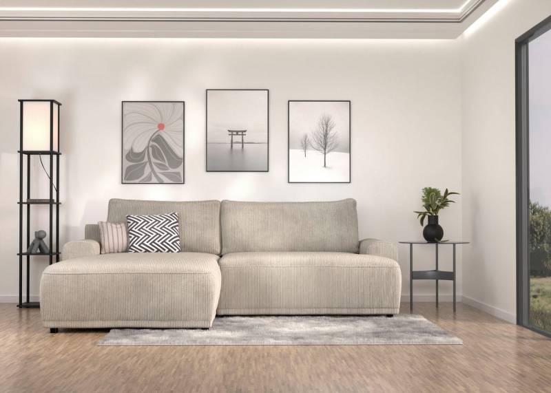 TRENDMANUFAKTUR Ecksofa Fordon, Schlafsofa mit Bettkasten, Couch in L-Form, Breite 250 cm, in Cordstoff HYPER, cream, Recamiere links von TRENDMANUFAKTUR