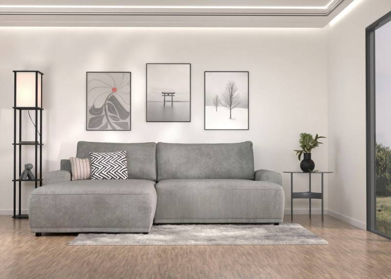 TRENDMANUFAKTUR Ecksofa Fordon, Schlafsofa mit Bettkasten, Couch in L-Form, Breite 250 cm, in Cordstoff HYPER, betongrau, Recamiere links von TRENDMANUFAKTUR
