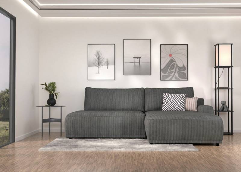TRENDMANUFAKTUR Ecksofa Fordon II, Schlafsofa mit Bettkasten, Couch in L-Form, Breite 250 cm, in Cordstoff HYPER, dunkelgrau, Armlehne rechts von TRENDMANUFAKTUR