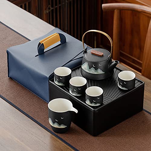 Gongfu Tee-Set, Japanischer Yuan Shan Stil, Schwarze Teekanne mit Schlaufen-Griff mit Teesieb, 4 Tassen und 1 Servierbecher, tragbares Reisepaket von TRENDVEI