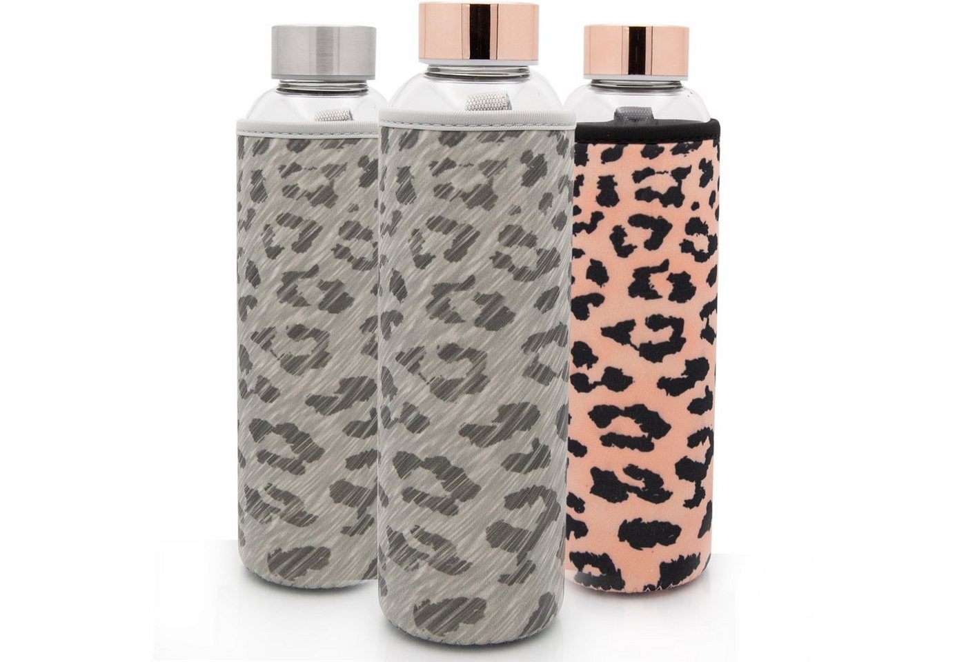 TRENDY AND NEW Trinkflasche T&N Glasflasche 550ml JUNGLE EDITION, Leopardenmuster DESIGNED IN BERLIN, Glastrinkflasche für Wasser Smoothie Saft Tee, Trinkflaschen Glas auslaufsicher geeignet für kohlensäurehaltige Getränke, Wasserflaschen aus extra dickem Borosilikatglas für unterwegs Büro oder zu Hause von TRENDY AND NEW