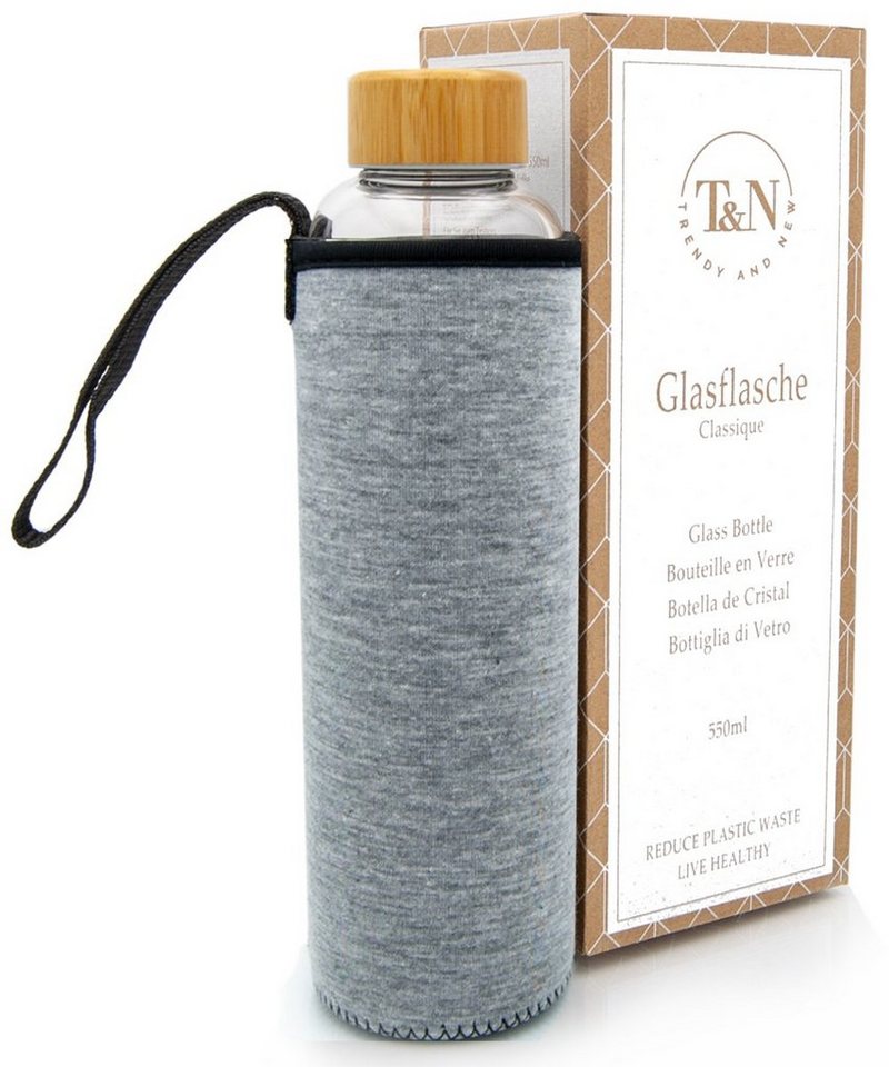 TRENDY AND NEW Trinkflasche T&N Glasflasche Classique 550ml, Trinkflasche Glas mit Neoprenhülle, Wasserflasche auslaufsicher, Glastrinkflasche aus dickerem Borosilikatglas für Kohlensäure geeignet für unterwegs Büro oder zu Hause, Schlankes Design von TRENDY AND NEW