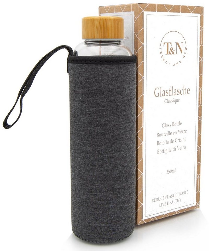 TRENDY AND NEW Trinkflasche T&N Glasflasche Classique 550ml, Trinkflasche Glas mit Neoprenhülle, Wasserflasche auslaufsicher, Glastrinkflasche aus dickerem Borosilikatglas für Kohlensäure geeignet für unterwegs Büro oder zu Hause, Schlankes Design von TRENDY AND NEW