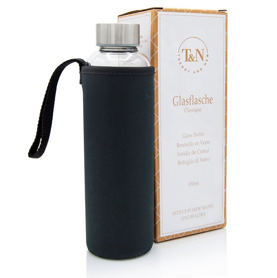 TRENDY AND NEW Trinkflasche T&N Glasflasche Classique 550ml, Trinkflasche Glas mit Neoprenhülle, Wasserflasche auslaufsicher, Glastrinkflasche aus dickerem Borosilikatglas für Kohlensäure geeignet für unterwegs Büro oder zu Hause, Schlankes Design von TRENDY AND NEW