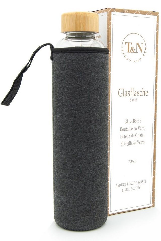 TRENDY AND NEW Trinkflasche T&N Glasflasche Santé 750ml, Trinkflasche Glas 0,75l mit Neoprenhülle, Wasserflasche auslaufsicher, Glastrinkflasche aus dickerem Borosilikatglas, 100% BPA frei, geeignet für Büro, unterwegs und zu Hause, Schlankes Design von TRENDY AND NEW