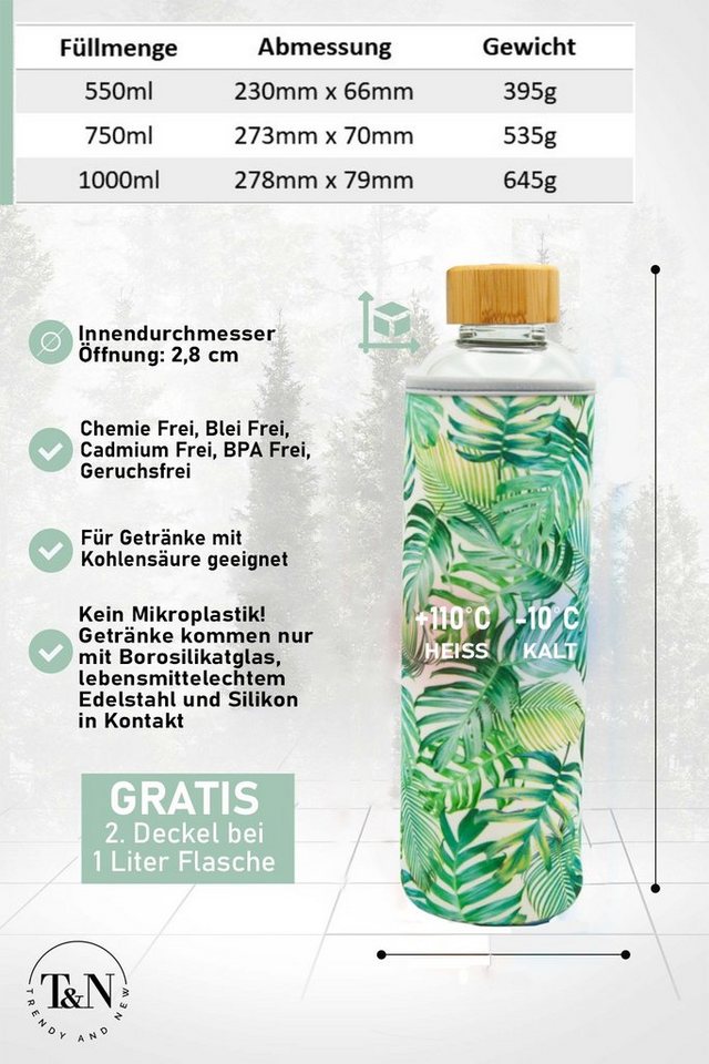 TRENDY AND NEW Trinkflasche T&N Glasflasche TROPICAL LEAVES EDITION 550ml 750ml 1 Liter, Trinkflasche Glas 0,5l 0,75l 1l mit Neoprenhülle mit Blatt Muster, Wasserflasche auslaufsicher, Glastrinkflasche aus dickerem Borosilikatglas, als Glaskaraffe oder Wasserkaraffe geeignet, Schlankes Design von TRENDY AND NEW