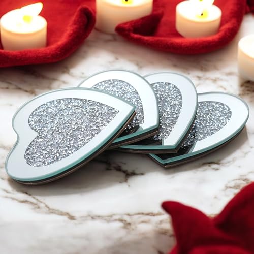 TRENDZY Glasuntersetzer mit verspiegelten Herzen, 4 Stück, glitzernd, glitzernd, silberfarben, für Zuhause, Küche, Bar und Restaurant, Heimdekoration, Geburtstag, Hochzeit (Herz) von TRENDZY