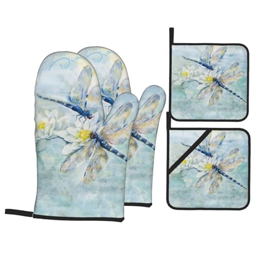 Ofenhandschuhe und Topflappen, 4-teiliges Set, widerstandsfähige Ofenhandschuhe, Hot Pads für Küche, Kochen, Backen, Grillen – Libelle Lotus von TRESILA