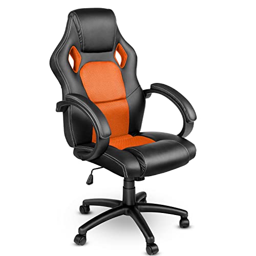 Racing Chefsessel Bürostuhl Drehstuhl 14 Farbvarianten, gepolsterte Armlehnen, Wippmechanik, Lift SGS geprüft (schwarz/orange) von TRESKO