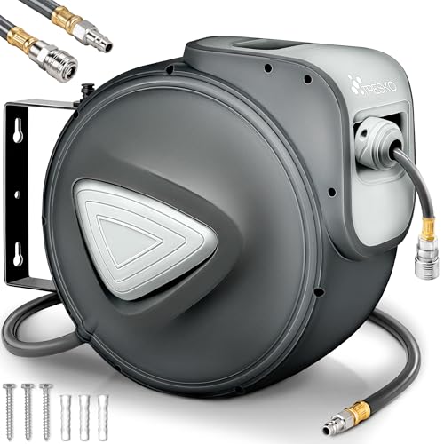 TRESKO® 30m Druckluftschlauch Aufroller automatisch 1/4" Anschluss | Schlauchtrommel Wandschlauchhalter Schlauchaufroller Druckluftschlauch-trommel, Grau von TRESKO