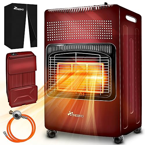 TRESKO 4200 Watt Gasheizung inkl. Gasdruckregler Gasschlauch + Abdeckung | Gasheizer Gasofen Gasheizofen mit 3 Stufen | Infrarot Gasheizgerät, Strahlend (Rot) von TRESKO