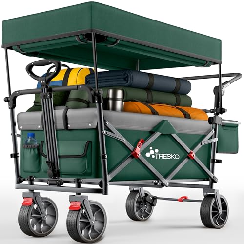 TRESKO® Bollerwagen Faltbar mit Dach, Kühlfach & Seitenrollos | Handwagen max. belastbar bis 150kg | Transportwagen mit Vollgummireifen & Feststellbremsen (Vorne & Hinten) und 3-Punkt-Gurt (Grün) von TRESKO