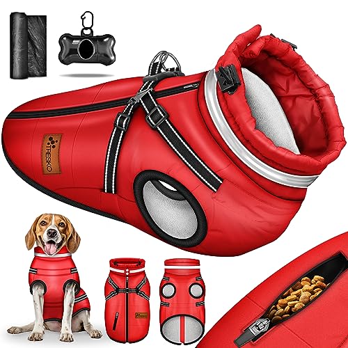 TRESKO® Hundejacke Winter mit Reflektoren inkl. 15 Stück Kotbeutel + Spender | Hunderegenmantel wasserdicht | Hundemantel mit Geschirr | Hunde Winterweste gefüttert (3XL, Rot) von TRESKO